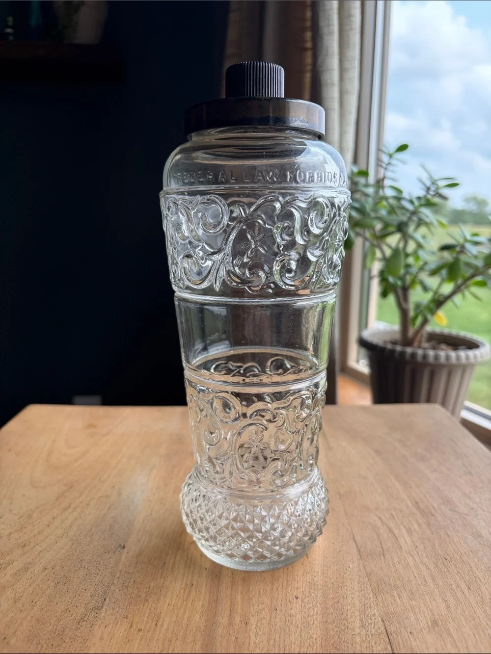 Vintage 1950s Clear Embossed Glass Cocktail Shaker with Dark Metal Lid